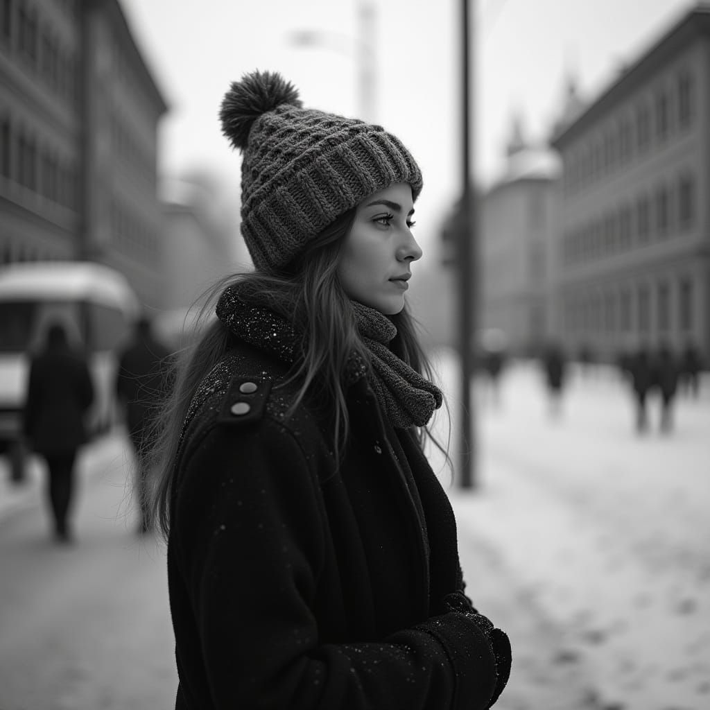 Young Woman in Winter Reflection, Minsk Street Scene in Blac...