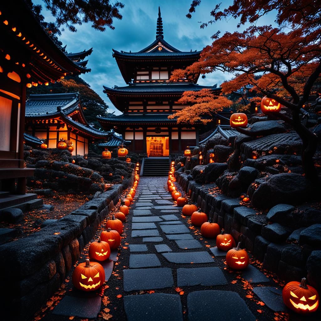 Japanese Temple at Dusk on Halloween Eve
