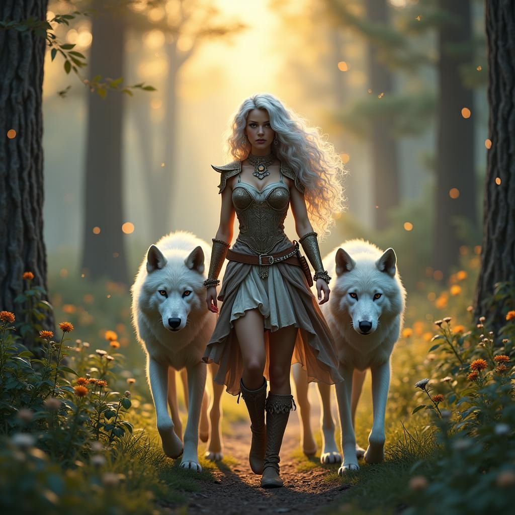 Woman and Wolves in Enchanted Forest, Digital Matte Painting