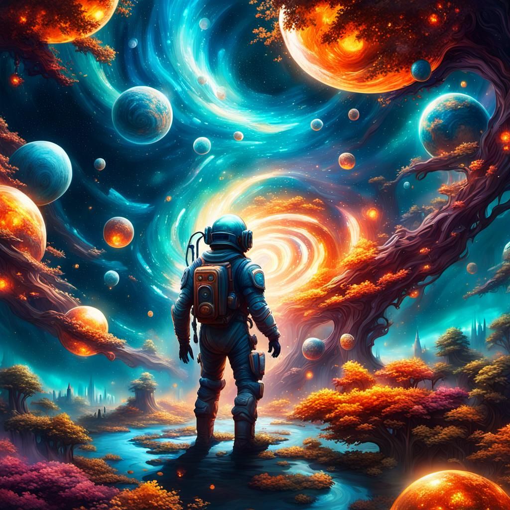 Surreal Cityscape with Mystical Trees and Ethereal Orbs