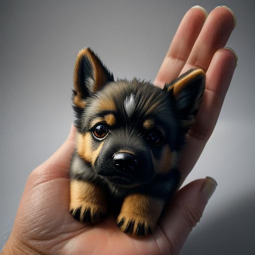 Microscopic German Shepherd on Human Finger