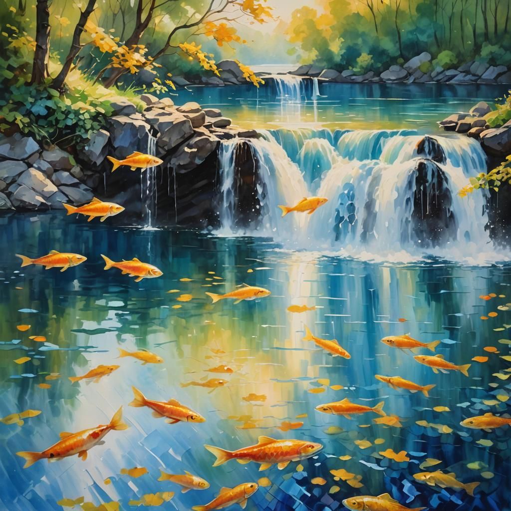 Fish Leaping From Lake as Impressionist Oil Painting