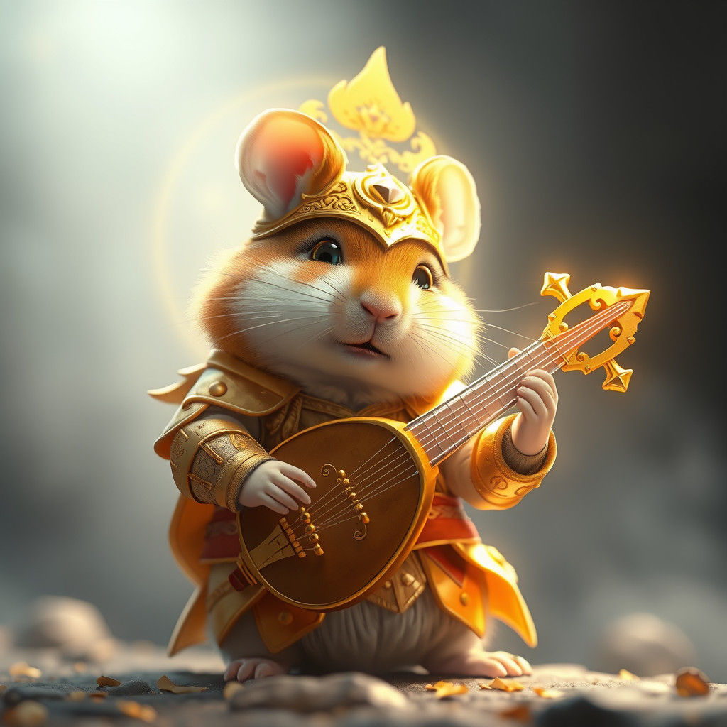 Golden Armored Gerbil Plays Lute: Anime Style 3D Art