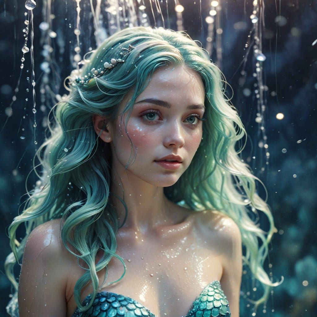 Mermaid in Shower, Dreamy Watercolor Surrealism