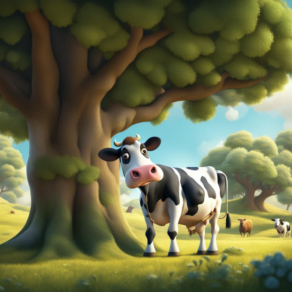 Whimsical Cow Plays Hide-and-Seek in Pixar Style