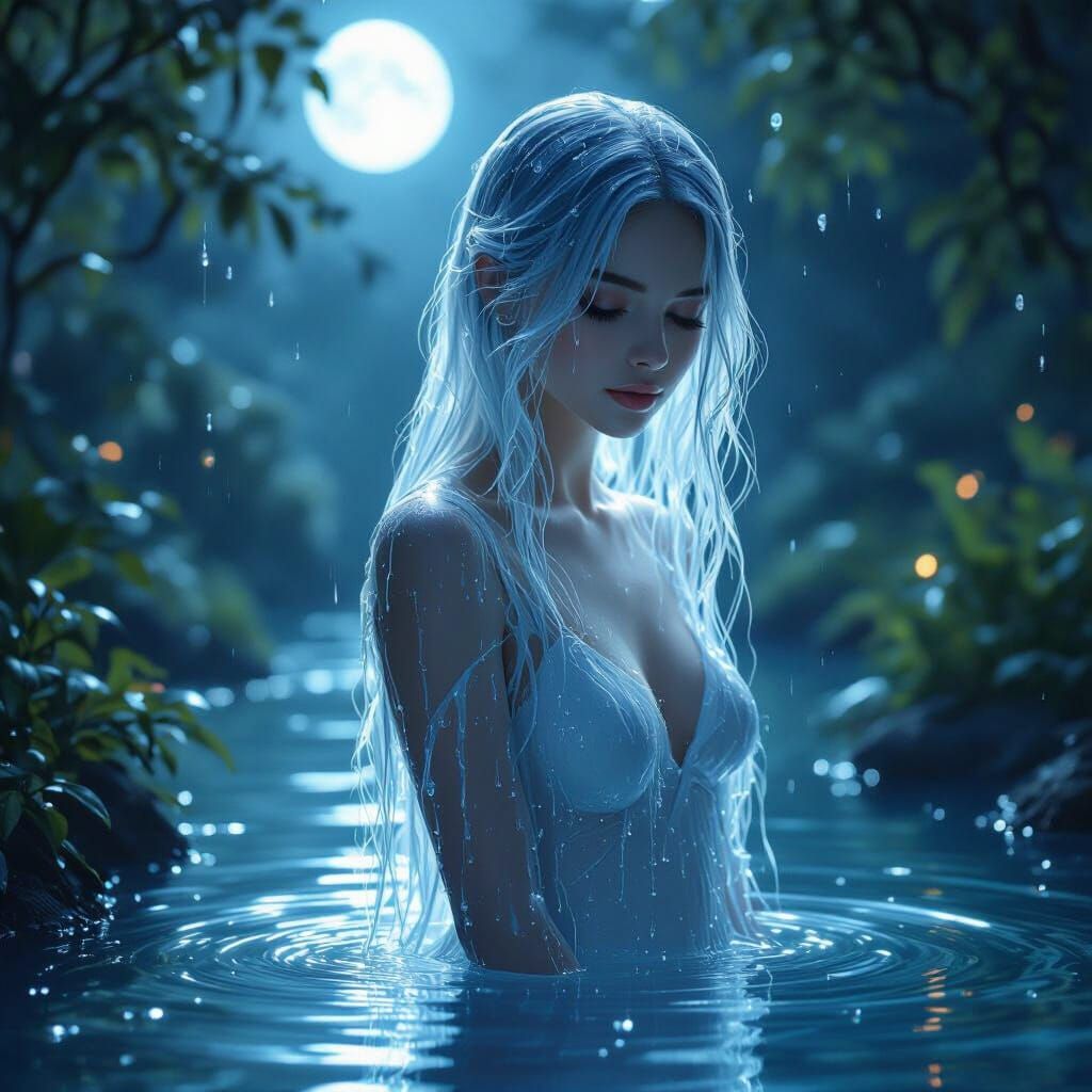 Water Woman in Moonlit Garden