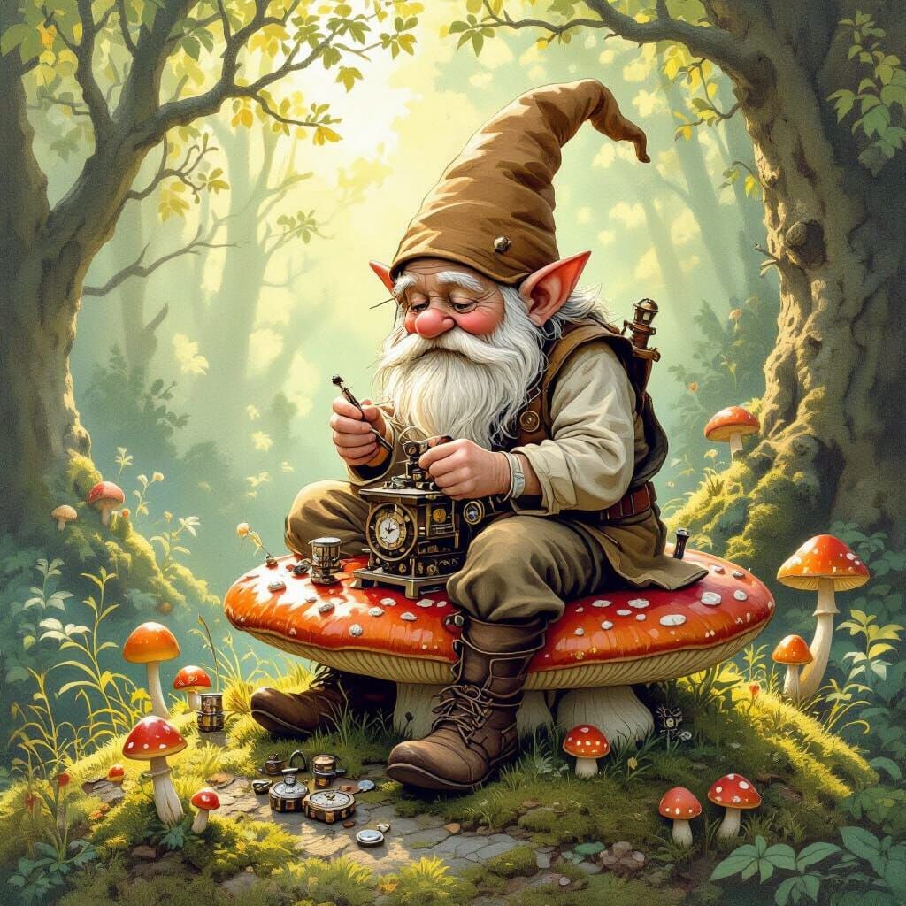 Gnome Crafts Clockwork Toys in Whimsical Forest