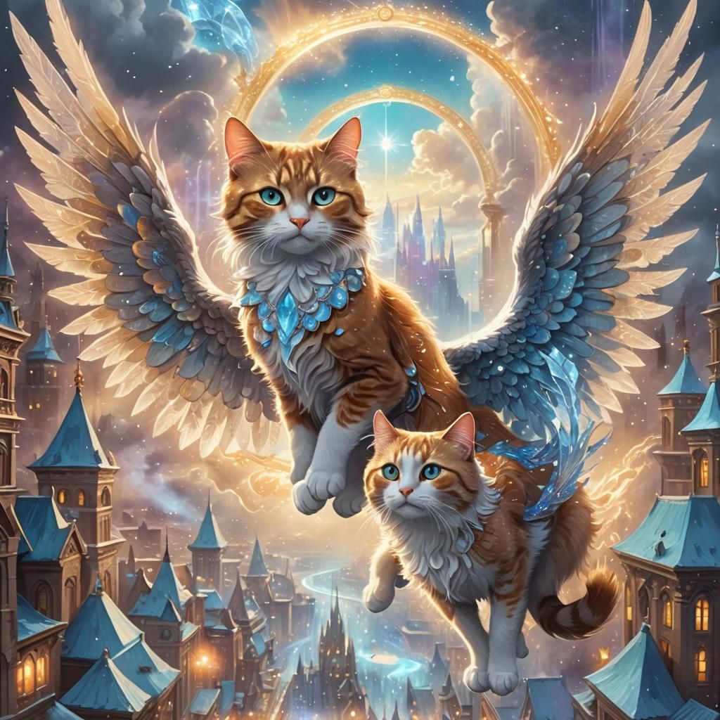 Angelic Cats Flying Over Crystal Heaven City