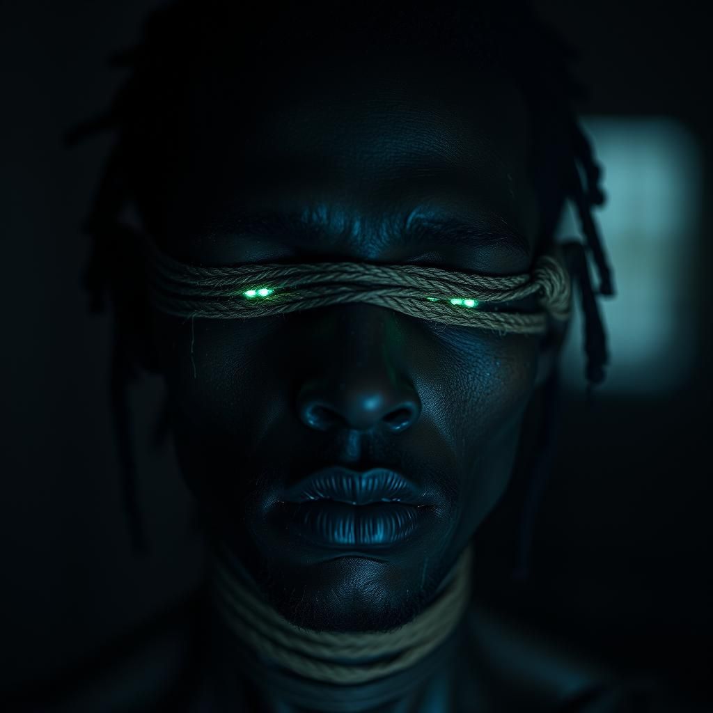 Android with Sewn Eyes in Bioluminescent Light
