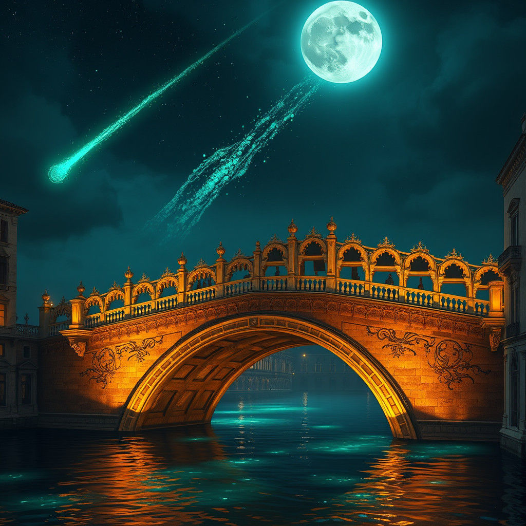 Venetian Bridge with Bioluminescent Water and Comet