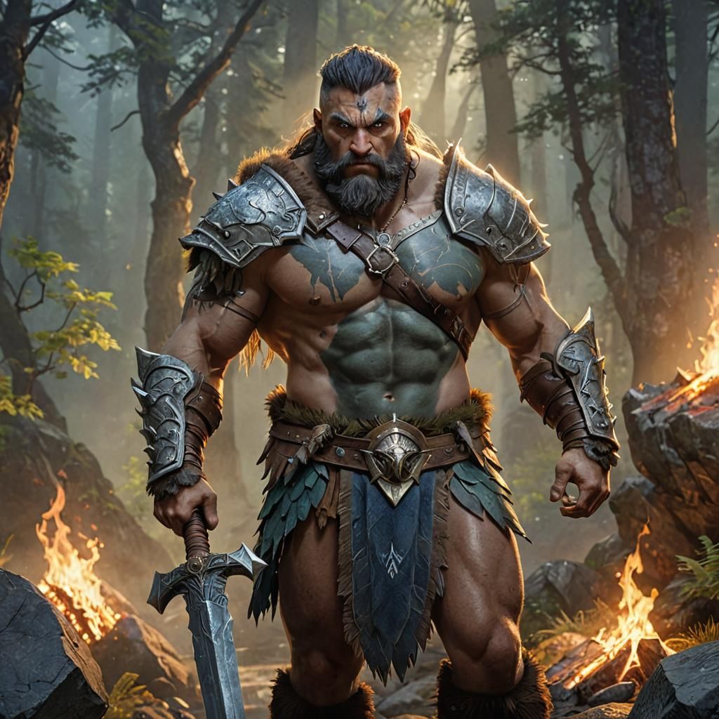 Goliath Barbarian in Mountain Forest: Fantasy Art