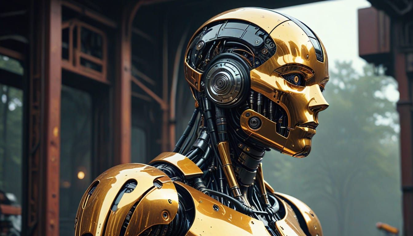 Golden Robot in Art Deco Diesel-Punk Style