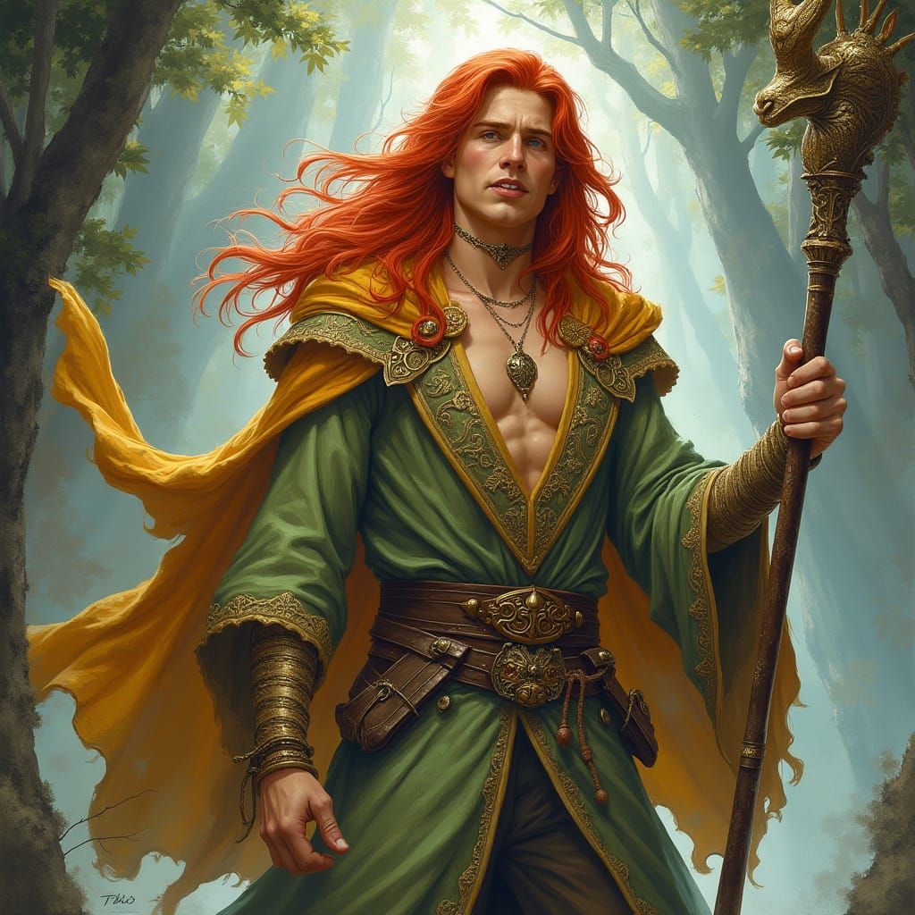 Red-Haired Elf Wielding Magic Staff in Fantasy Style