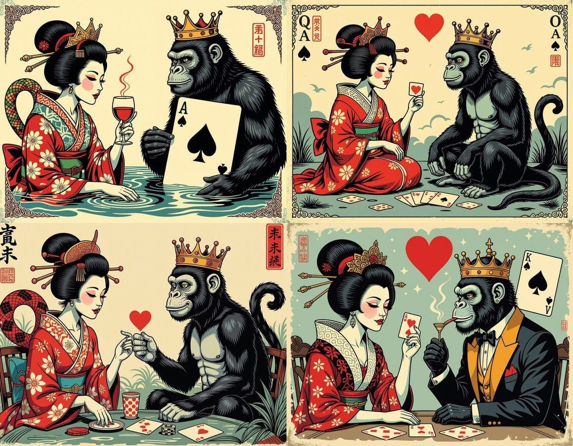 Surreal Queen vs King in Hokusai Style