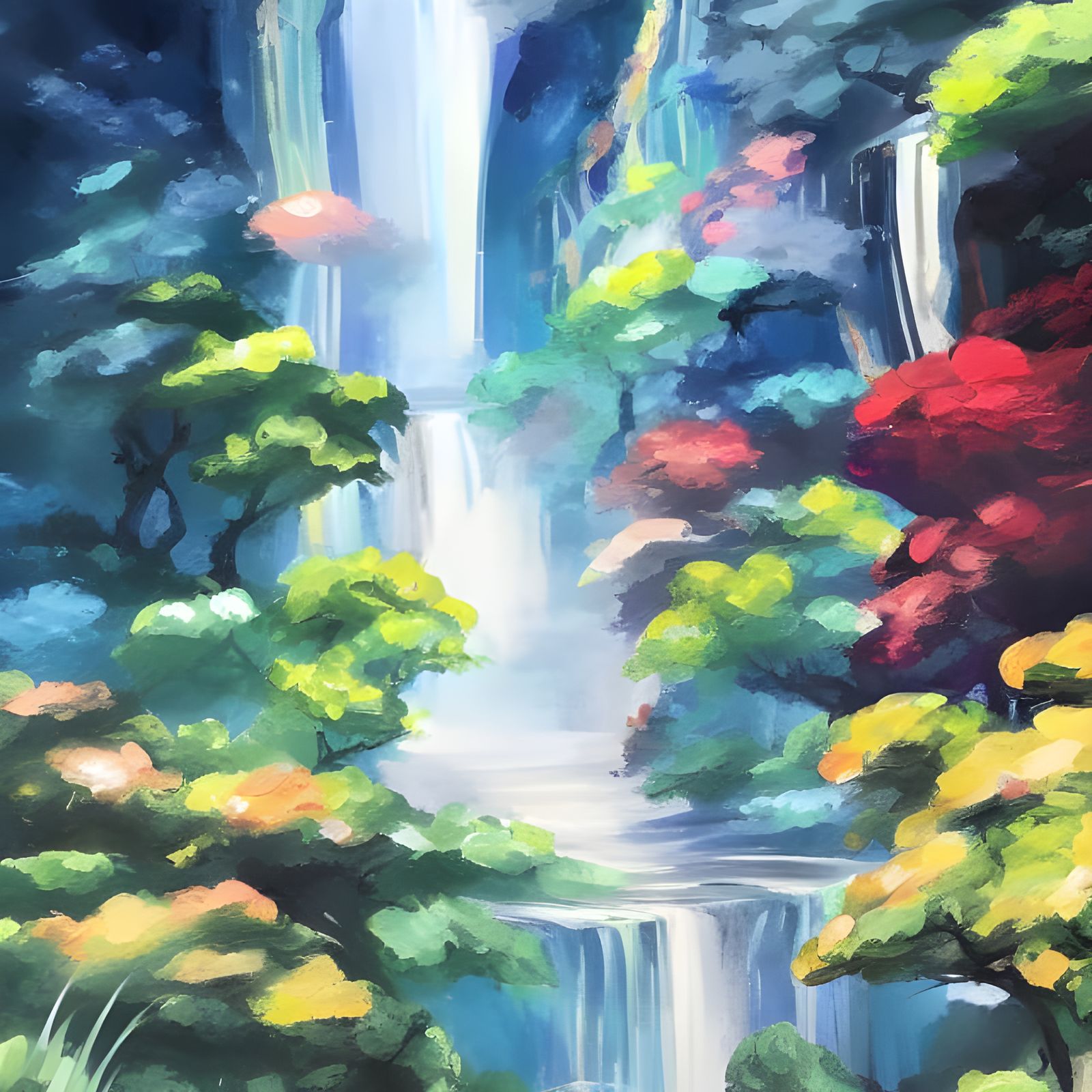 Anime Waterfall in Acrylic Painting Style