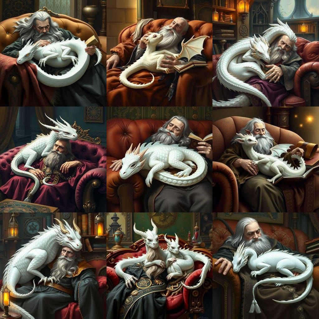 Cuddly Pet Dragon Shares Wizard's Sofa in Dreamlike Scene