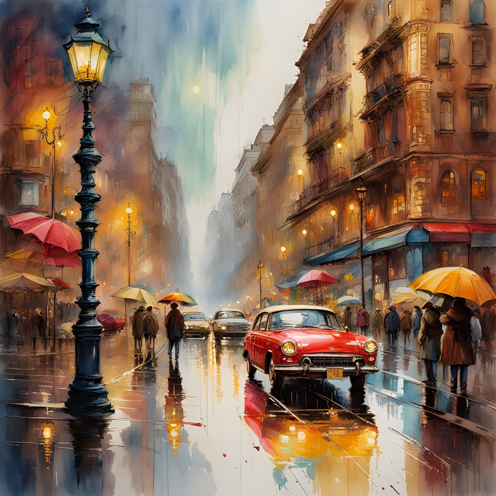 Rainy Cityscape in Renaissance Painting Style