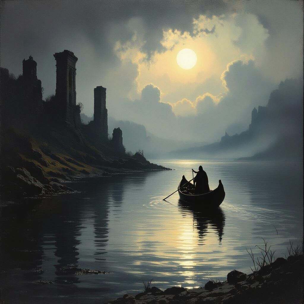 Charon's Boat on the Styx River in Böcklin Style