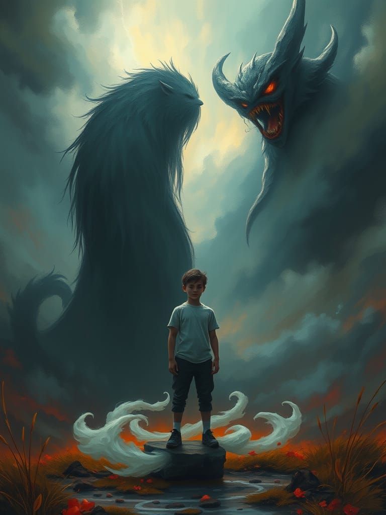 Surreal Fantasy Figure in a Stormy Landscape