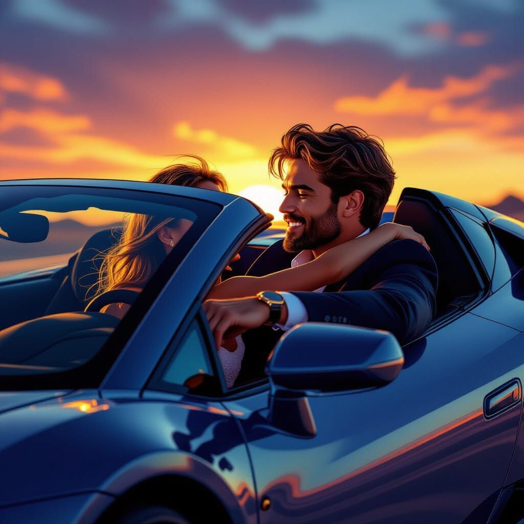 Wealthy Man in Sports Car Playfully Bitten by Girl at Sunset