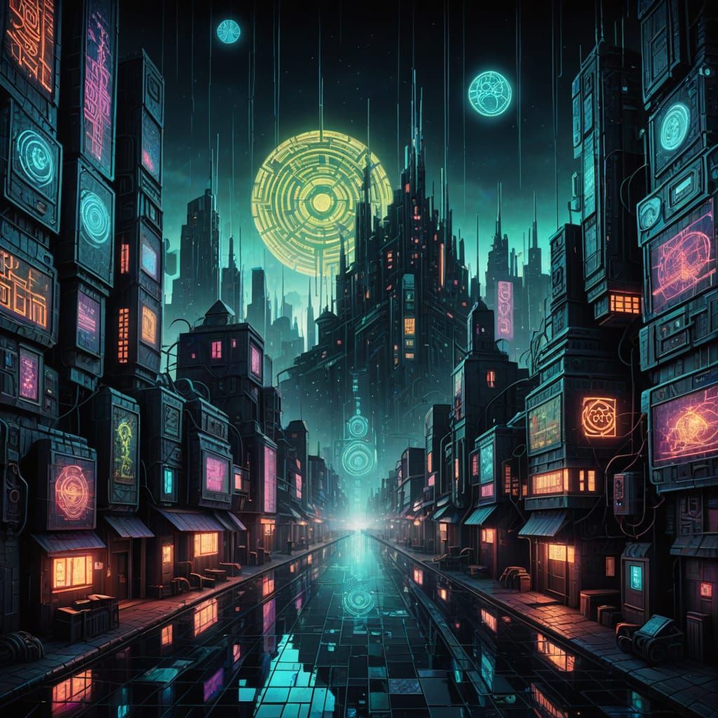 Cyberpunk Cityscape with Ethereal Echo Talisman