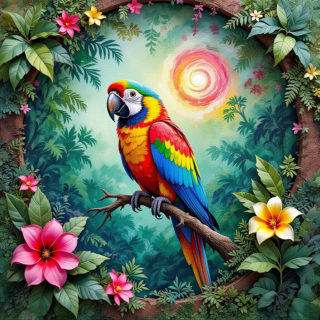 Galactic Manga Parrot in Jungle Watercolor