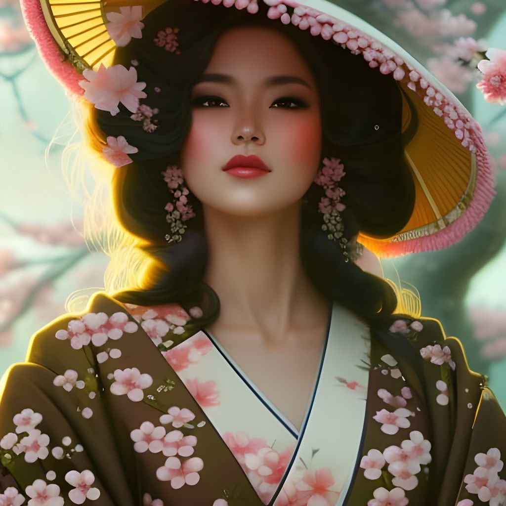 Kimono Woman in Cherry Blossom Portrait
