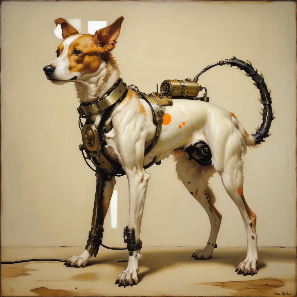 Dog with Bionic Tail: Dieselpunk Oil Painting