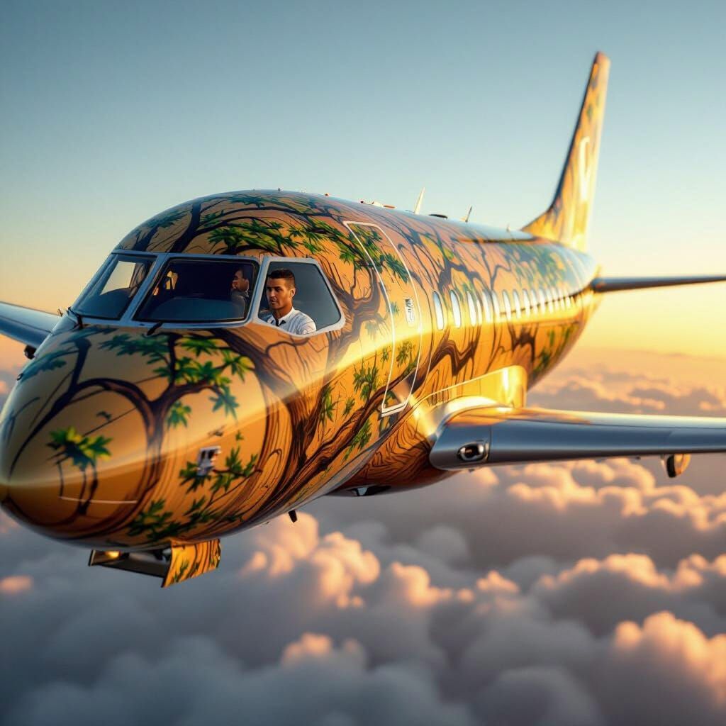 Cristiano Ronaldo Flies Plane Painted as Tree in Golden Hour...