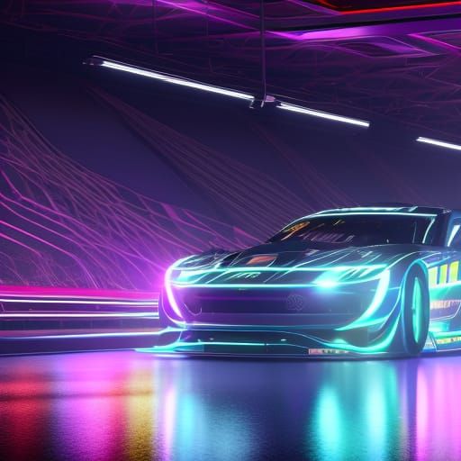 Neon Race Car Speeding on Track