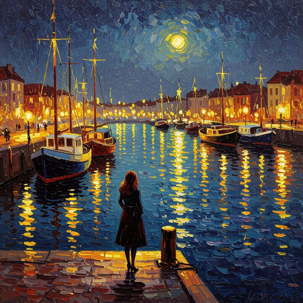 Bustling Night Harbour Scene with Golden Lights