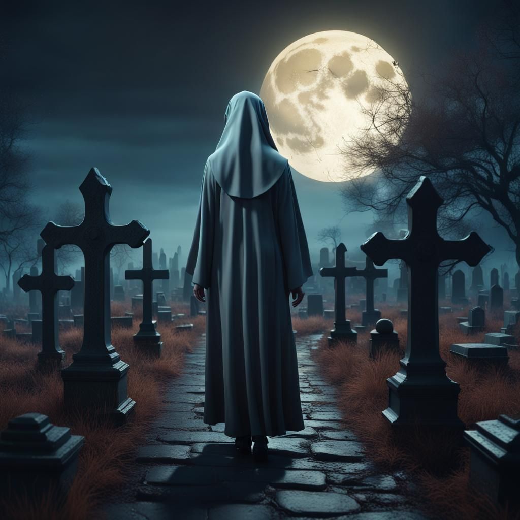 Nun's Ghost Walks Graveyard in Moonlight