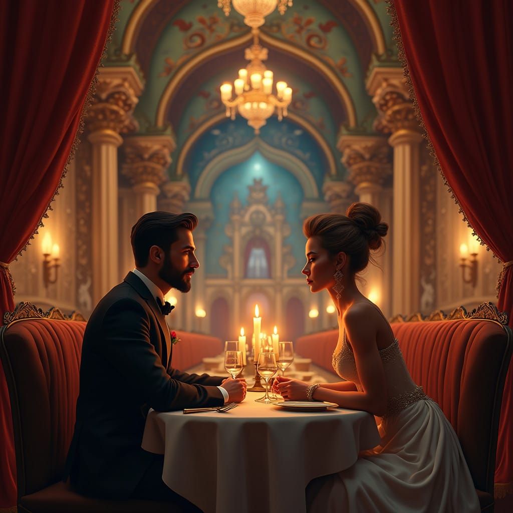 Elegant Couple in Whimsical Restaurant Setting