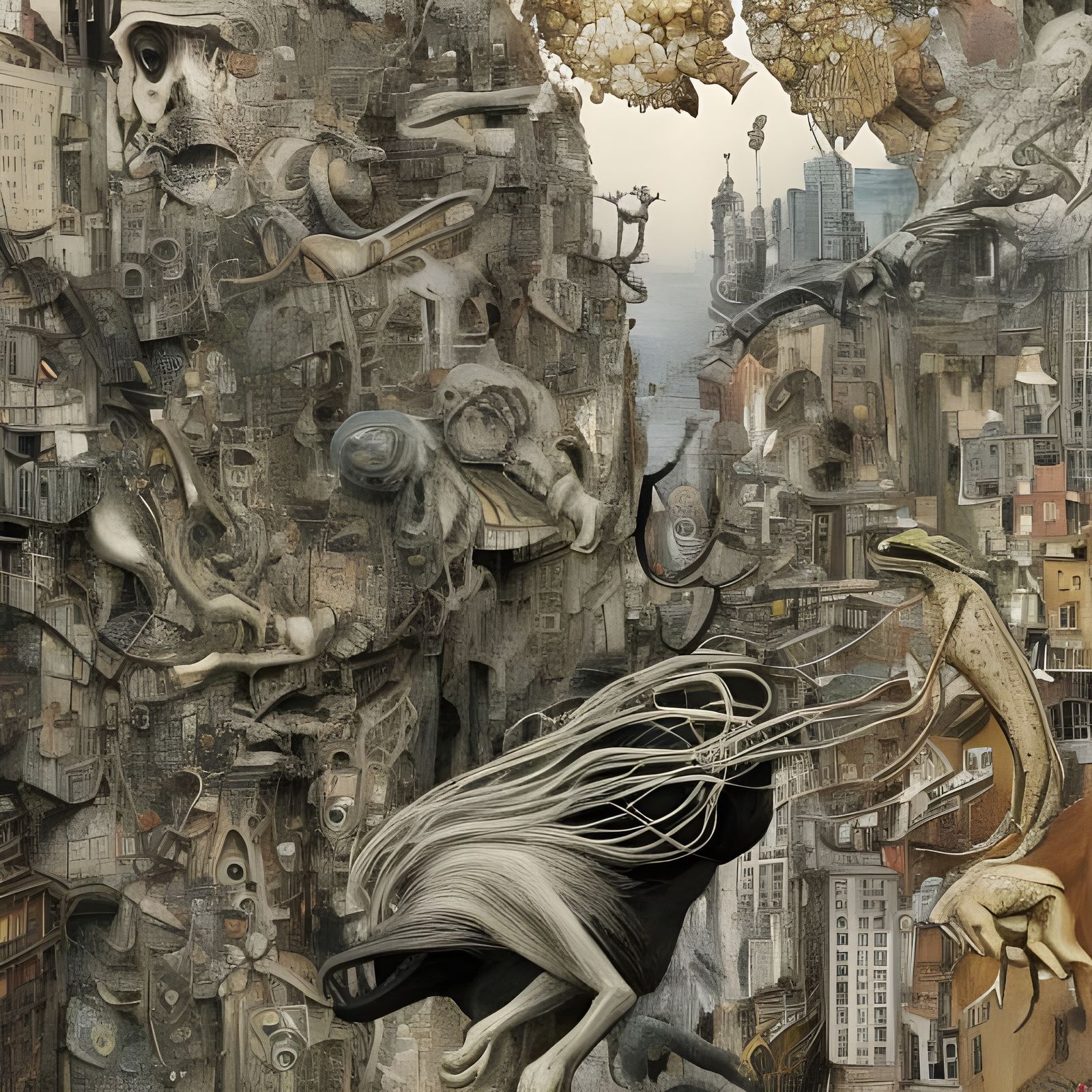 Surreal Cityscape with Bizarre Creatures, Digital Art