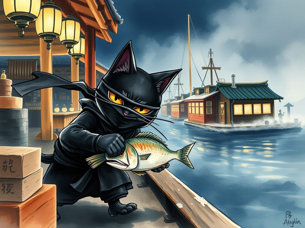 Ninja Cat Stealing Fish: Watercolor and Sumi Ink