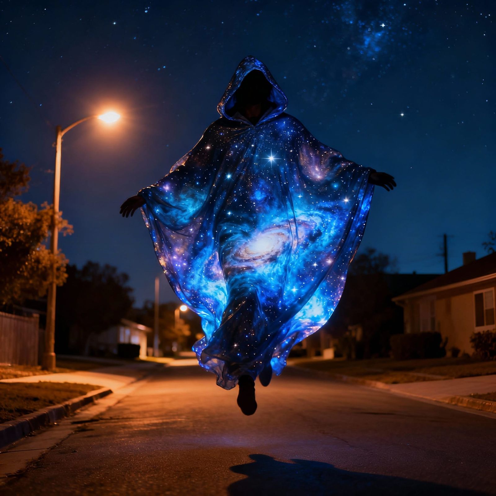 Mysterious Hooded Figure Flies on Suburban Street in Cosmic ...