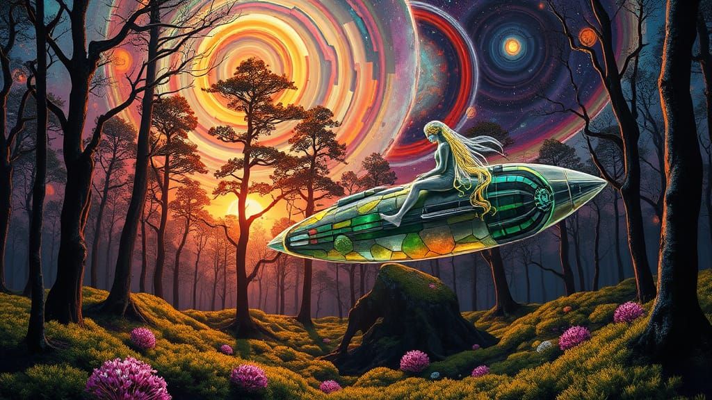 Surreal Forest Glade with Stained Glass Trees and Swirling N...