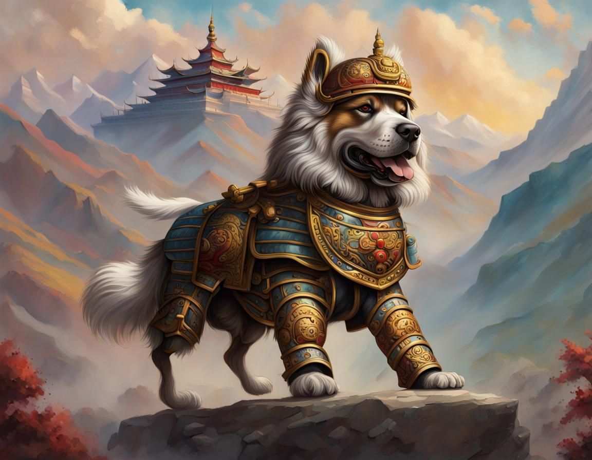 Armored Tibetan Temple Dog, Hyperrealistic Splash Art