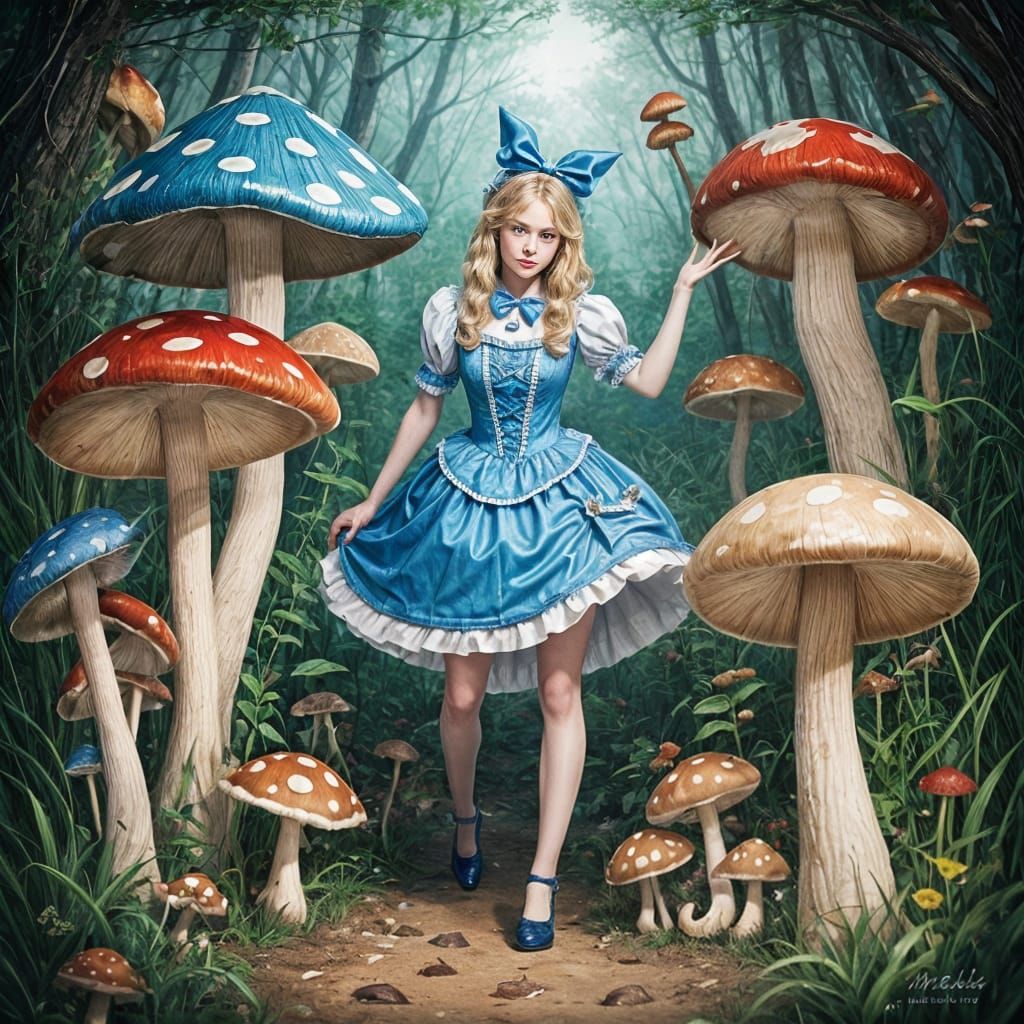 Whimsical Wonderland Alice Amidst Vibrant Mushrooms