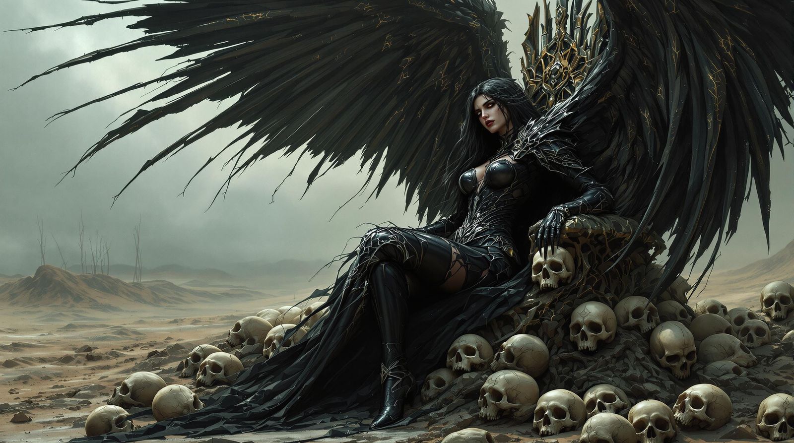 Sorrowful Dark Angel on Skull Throne in Wasteland