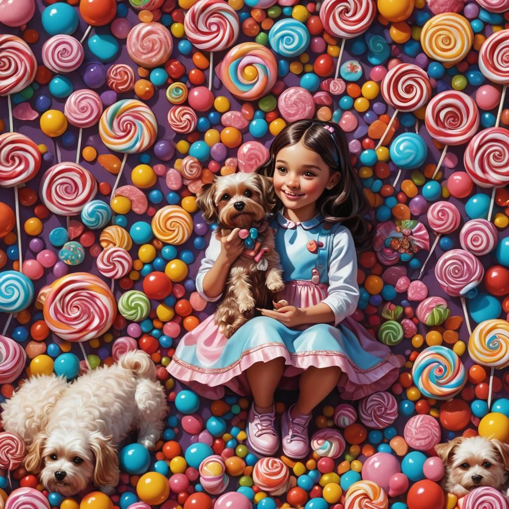 Whimsical Girl and Dog in Candy Art Style