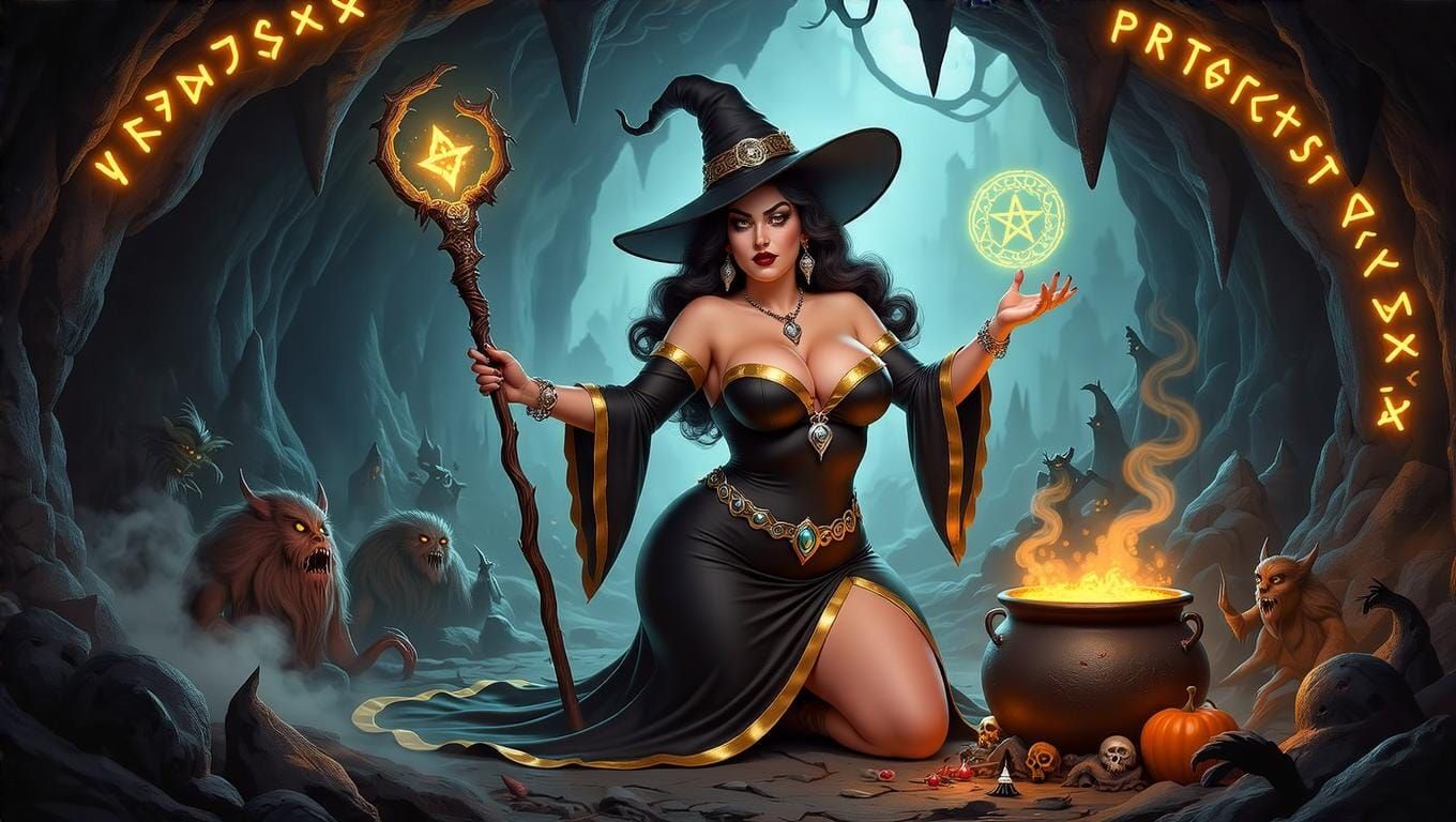 Dark Fantasy Sorceress in a Haunted Cave