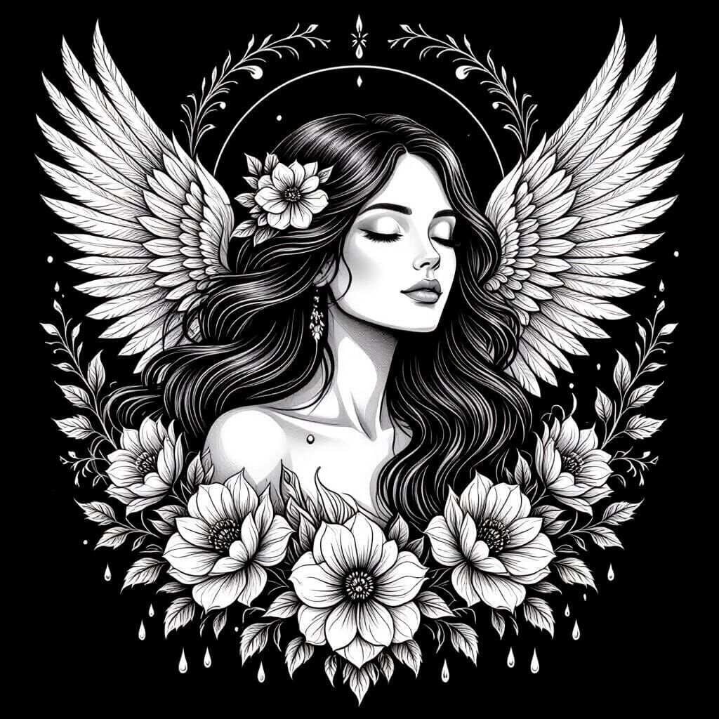 Serene Winged Woman in High Contrast Line Art for Pyrography