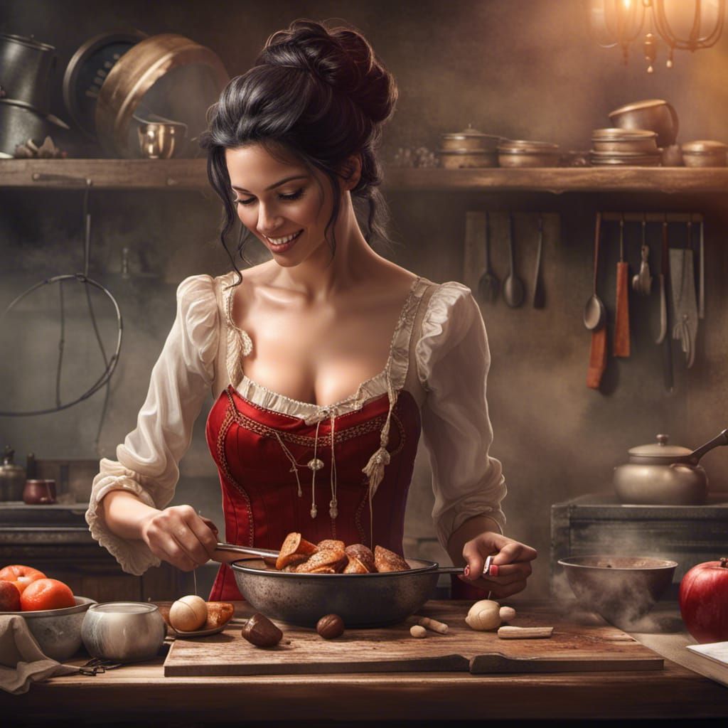 Smiling Lady Cooking in Medieval Kitchen