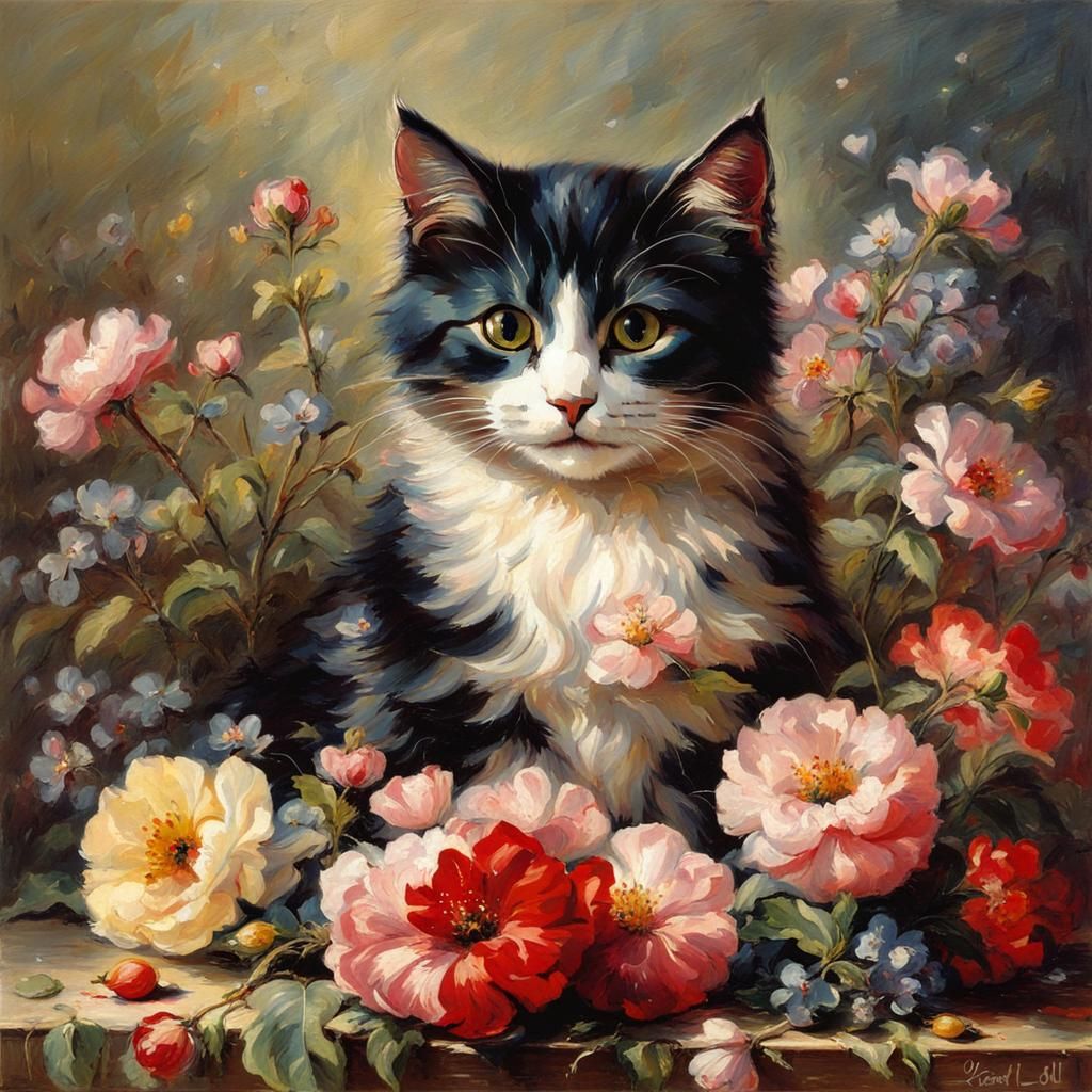 Cat Surrounded by Flowers in Romantic Style