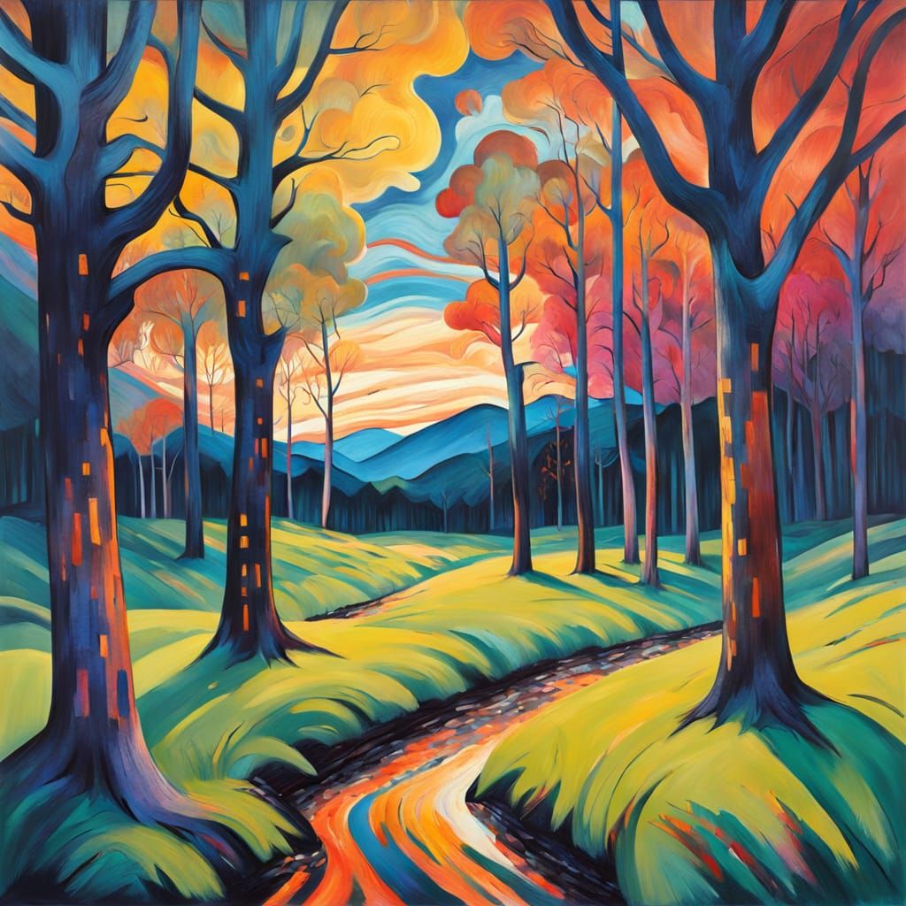 Expressionist Forest Landscape Painting at Dusk