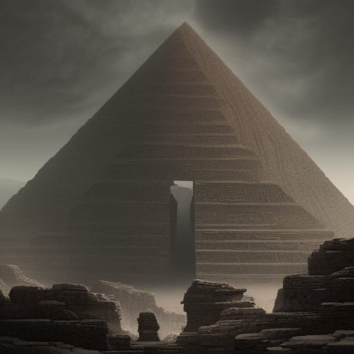 Monolithic Pyramid in Rocky Desert: Dark Fantasy Concept Art