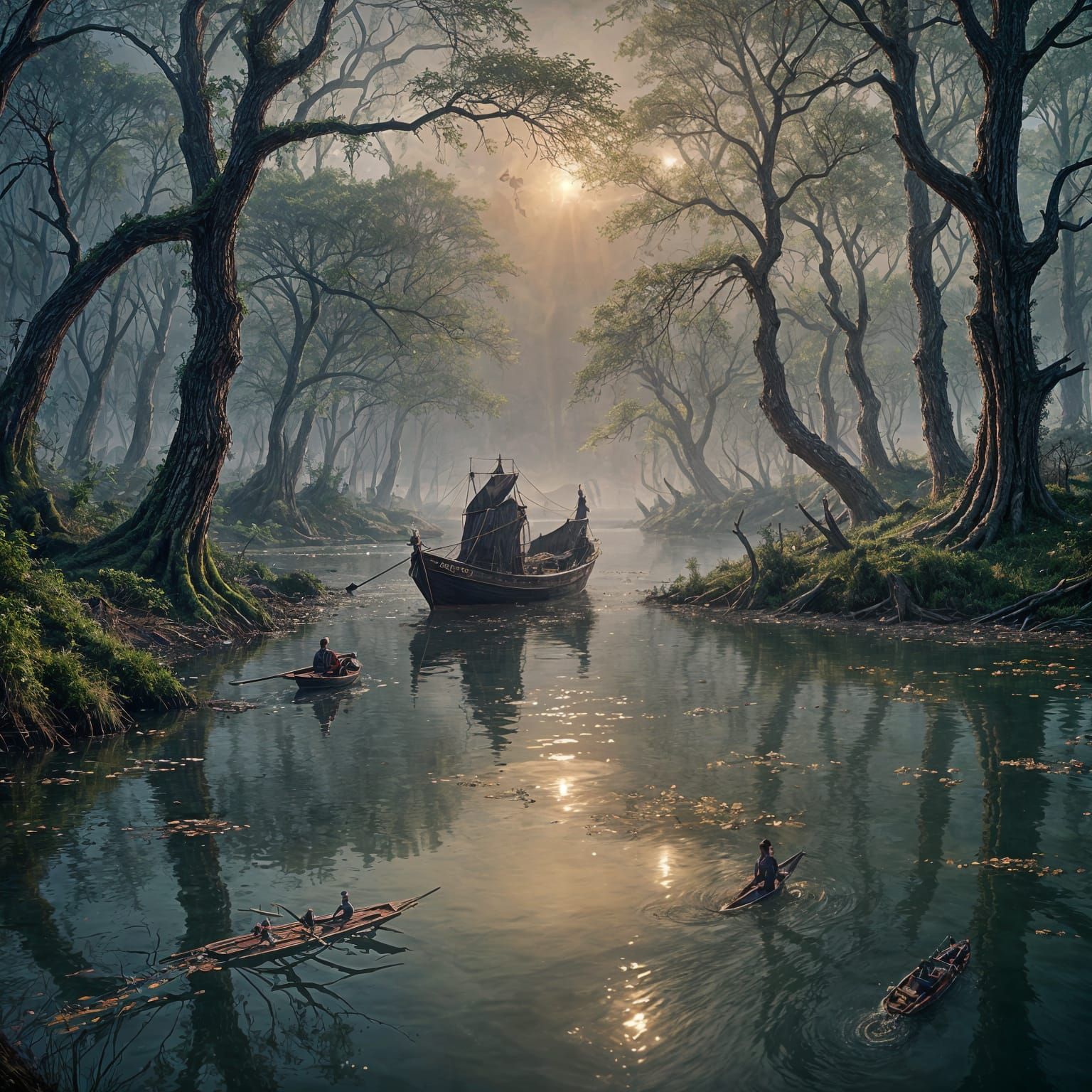 Hooded Man on Boat in Ghostly Swamp