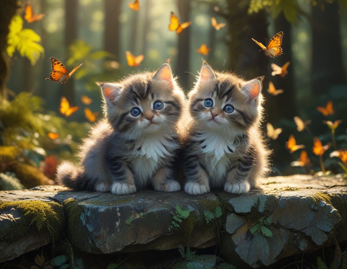 Whimsical Forest Scene with Kittens and Butterflies