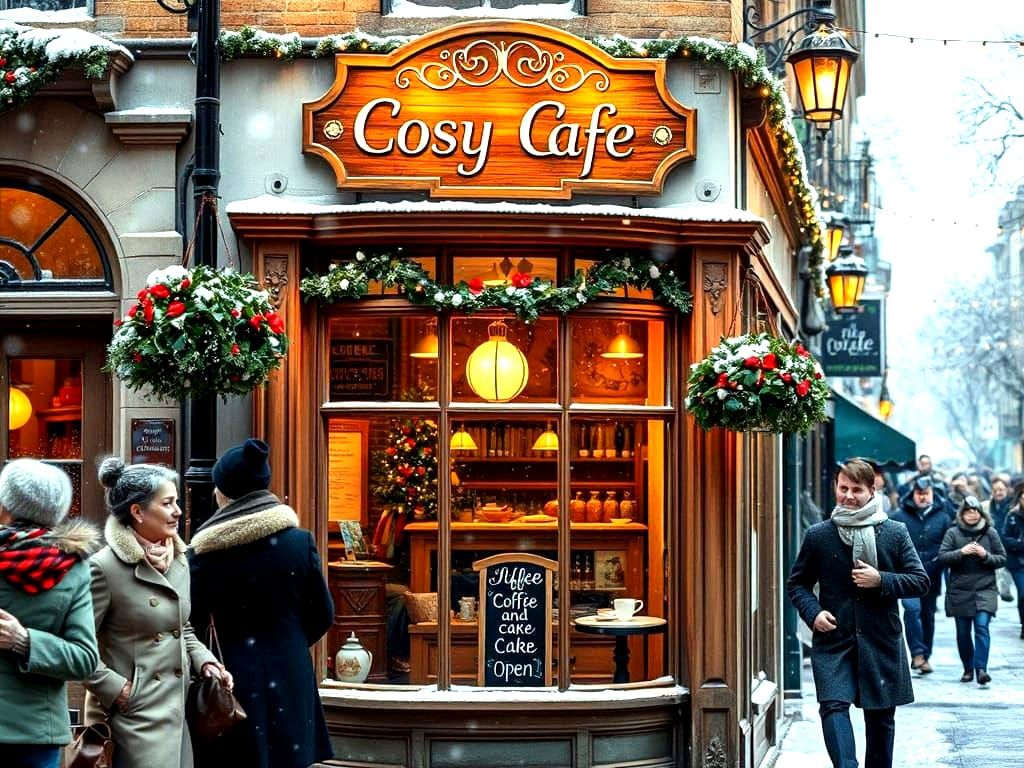 Cozy Winter Cafe Scene in a Bustling City Street